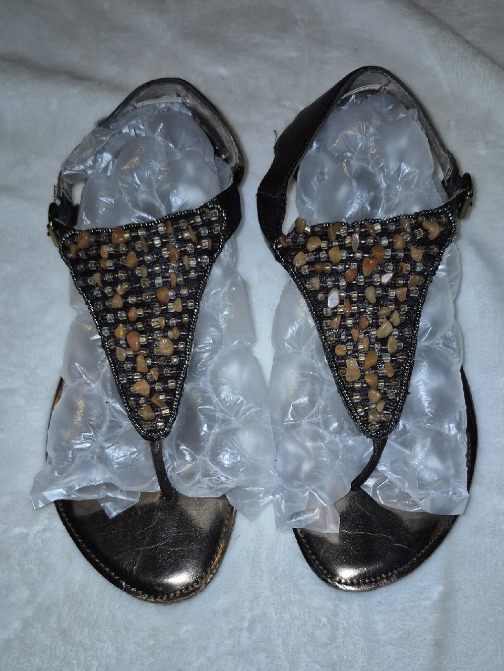 Beaded T-Strap Sandals in Bronze and Brown